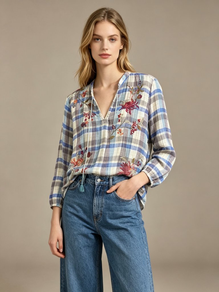 Nwot Johnny Was Embroidered Floral Plaid Silk Cotton Mix Boho Shirt Blouse Sz S